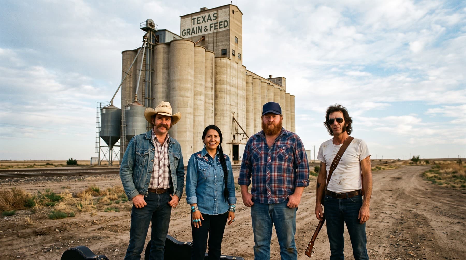 The four members of the band in front of a tall concrete grain elevator painted Texas Grain & Feed, instrument cases at their feet