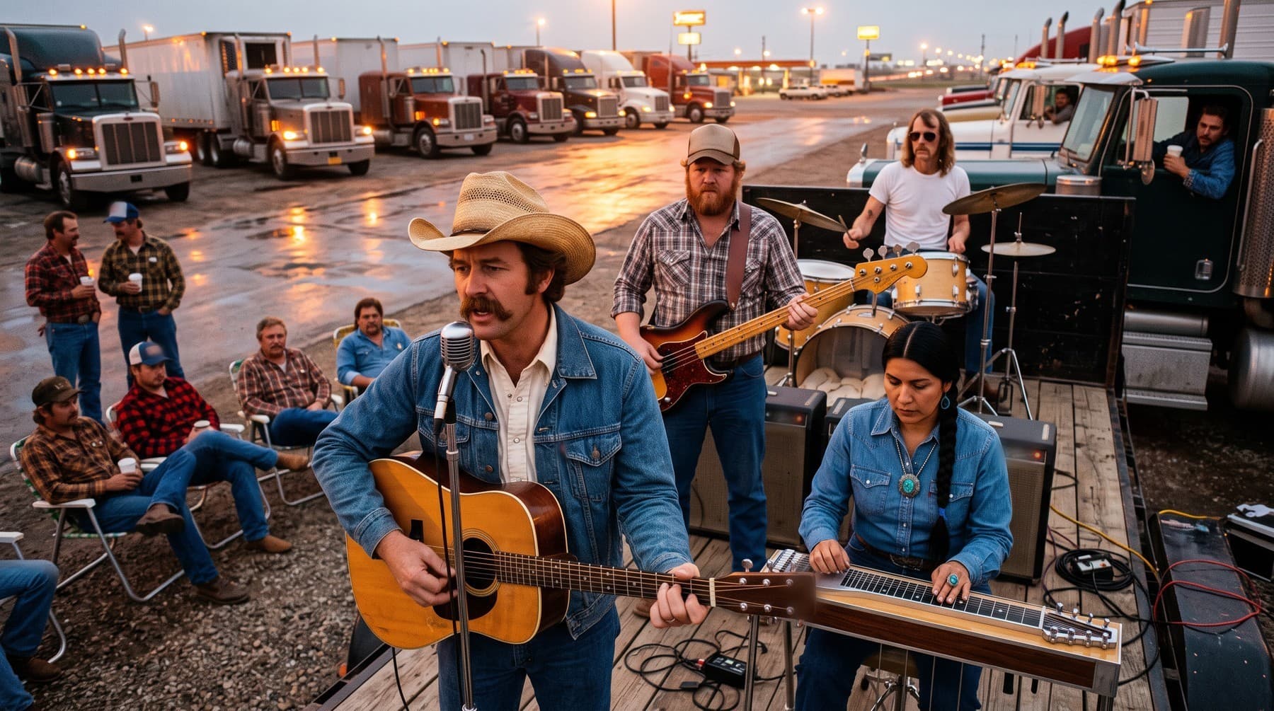 The band playing on a flatbed trailer at a truck stop at dusk, drivers watching from folding chairs and from the cabs of parked rigs