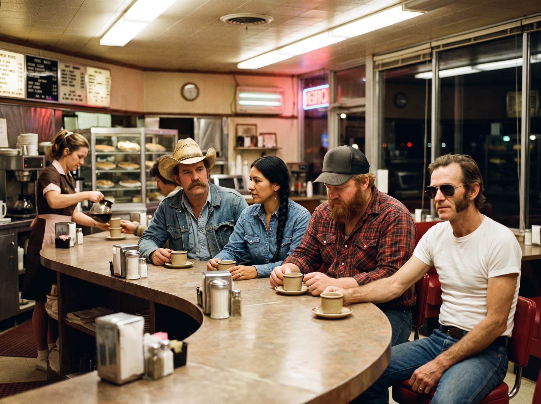 The band seated at a curved diner counter late at night, a waitress pouring coffee