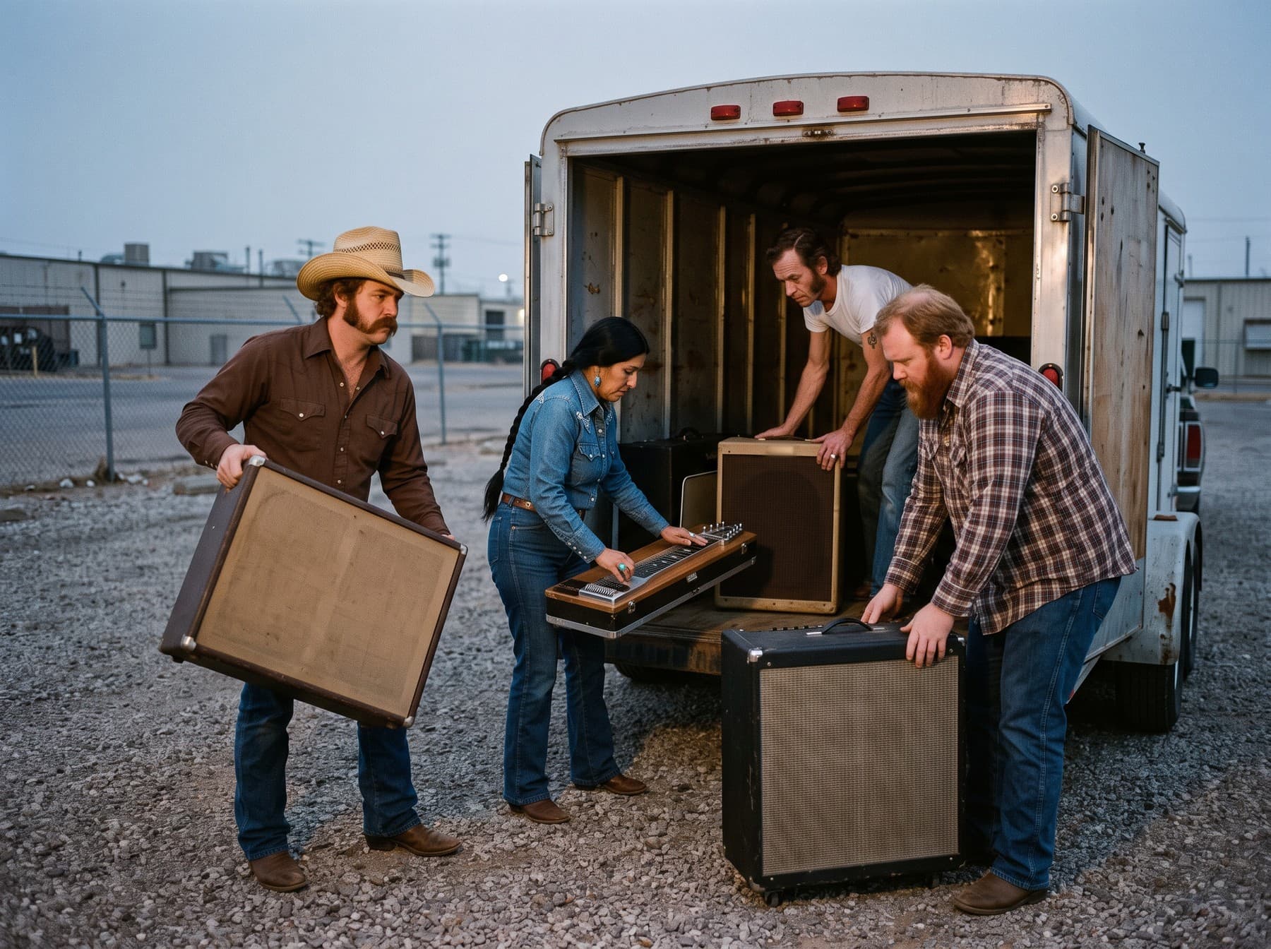 The band loading amplifiers and a pedal steel into an open cargo trailer on a gravel lot at dawn