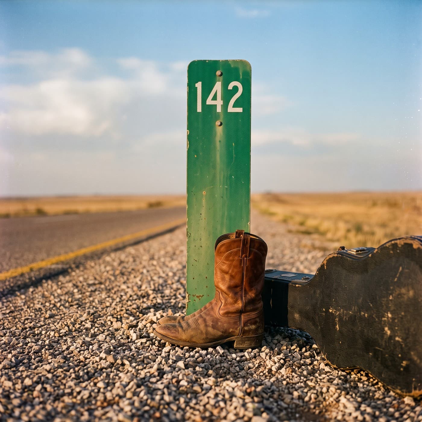 A worn cowboy boot and a battered guitar case resting against a green highway mile marker numbered 142